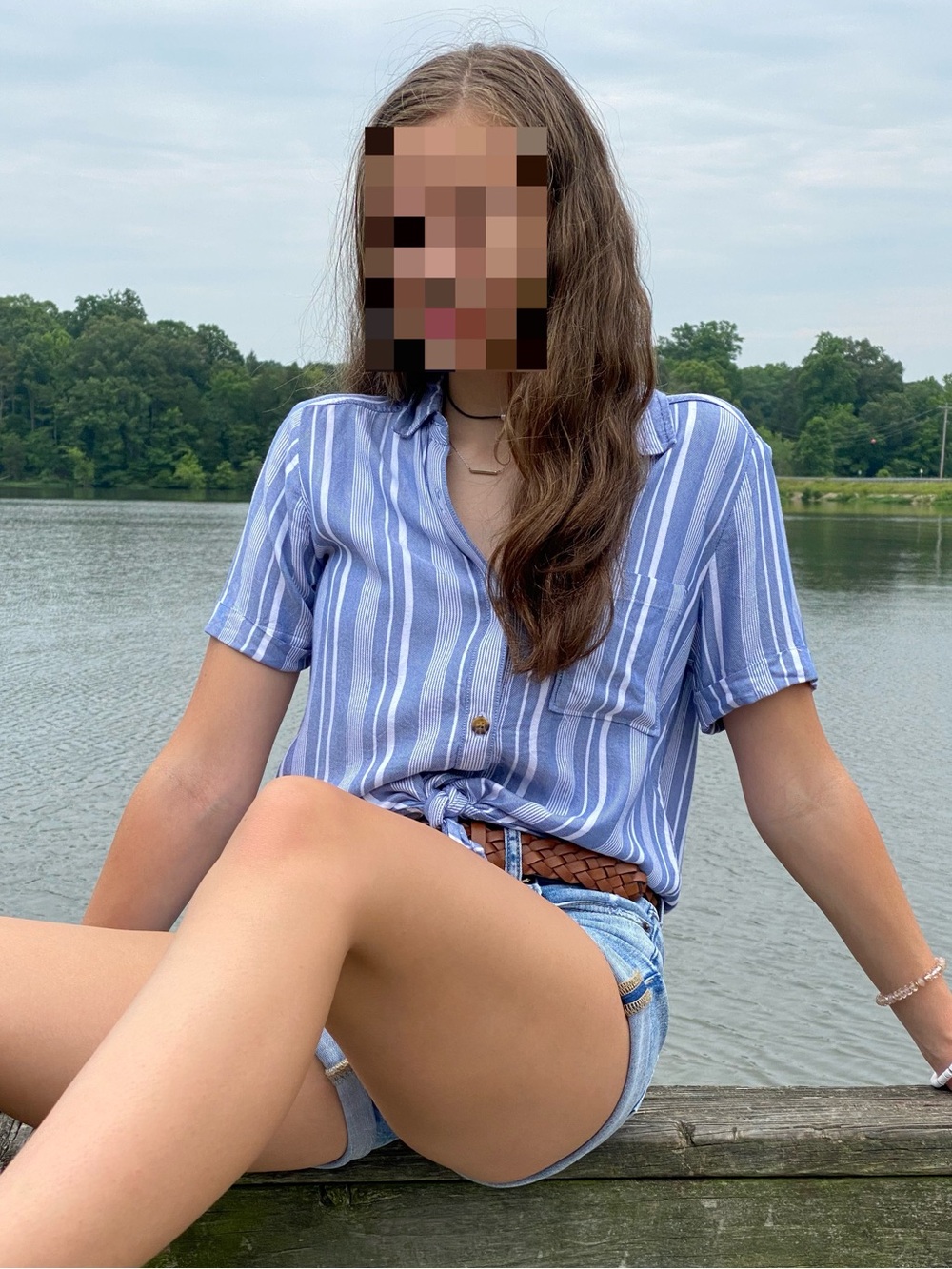 Hollister Blue and White Vertical Stripe Short-Sleeve Button Shirt